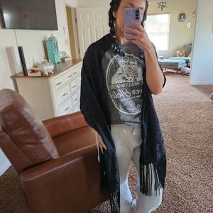 Collection XIIX black fringe shawl Mexican silky vintage extra long